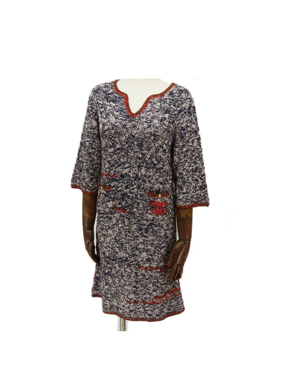 Chanel Knit Dress Navy Beige Rayon Nylon Three Quarter Sleeve 36